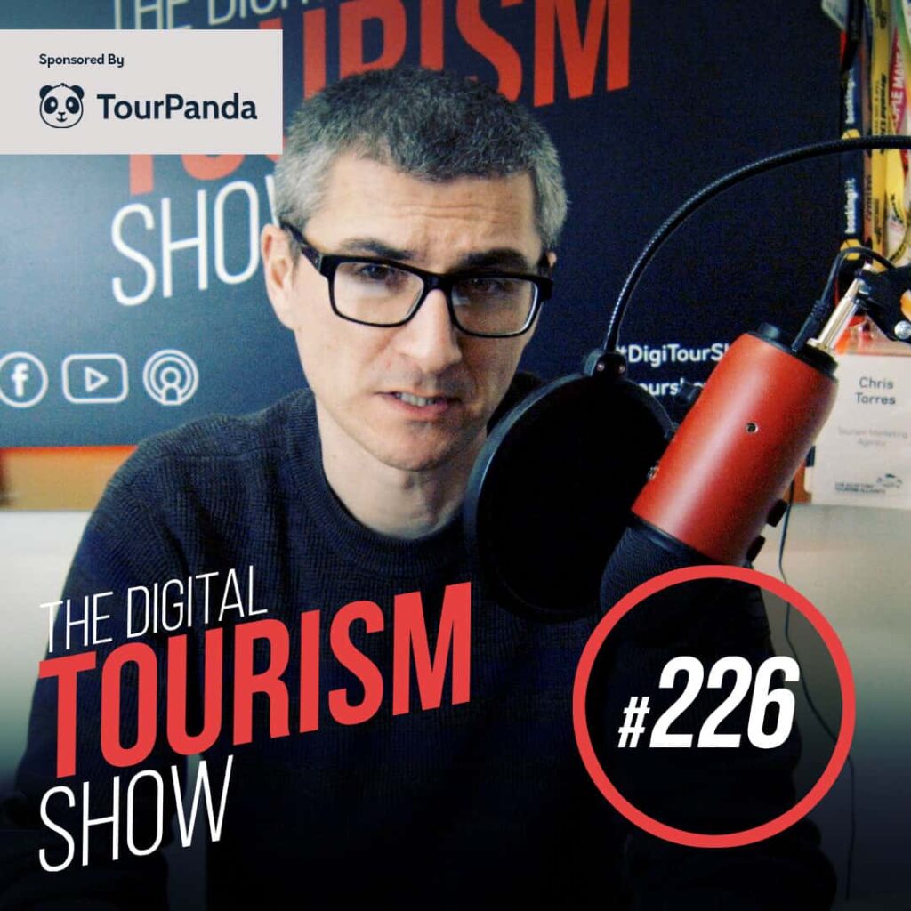 A man with glasses and a microphone hosting a TMA branded digital marketing event for tourism businesses.
