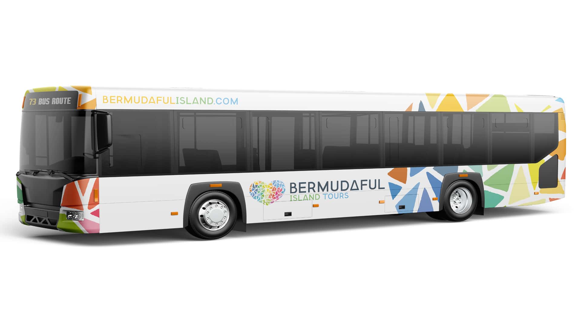 A white bus with a colorful design on it, offering Tours and Activities.