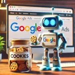 A robot holding a cookie stands in front of a computer screen displaying the Google Ads logo. A jar labeled "Cookies" is on the desk, hinting at our search for a Junior Account Manager required to join our team.