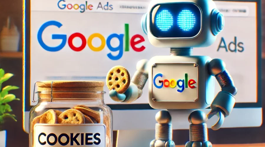A robot holding a cookie stands in front of a computer screen displaying the Google Ads logo. A jar labeled "Cookies" is on the desk, hinting at our search for a Junior Account Manager required to join our team.