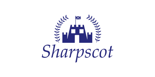 Logo of sharpscot featuring a stylized castle surrounded by laurel wreaths in dark blue on a green background, symbolizing home improvement.