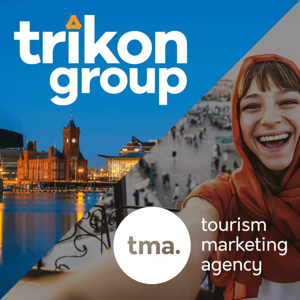 Split image with "trikon group" logo over a city skyline on the left and "tma. tourism marketing agency" with a smiling person on the right, seeking a Junior Account Manager to join our team.